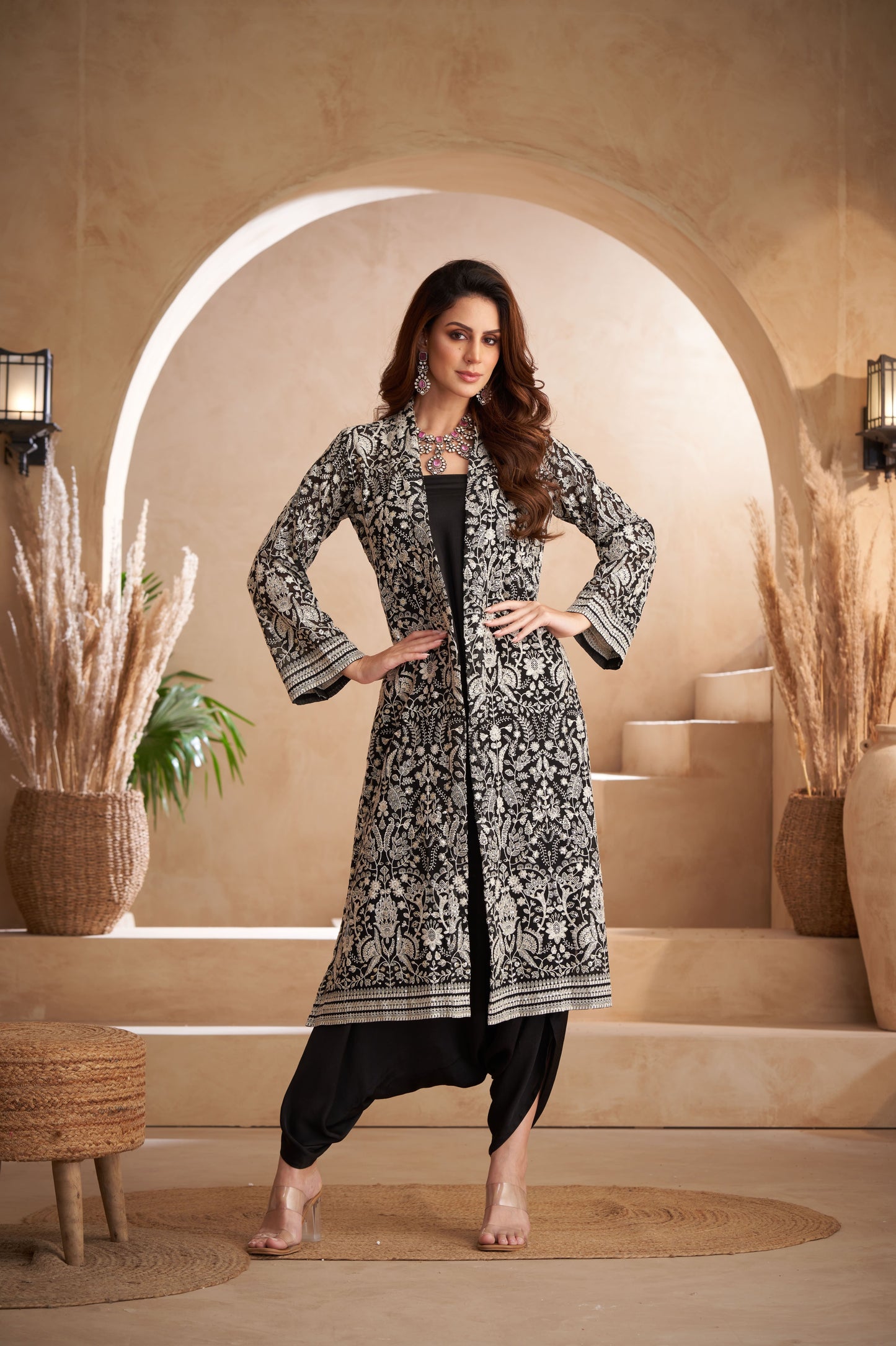 Black Georgette & Modal Satin Chikankari Embroidered Jacket Set