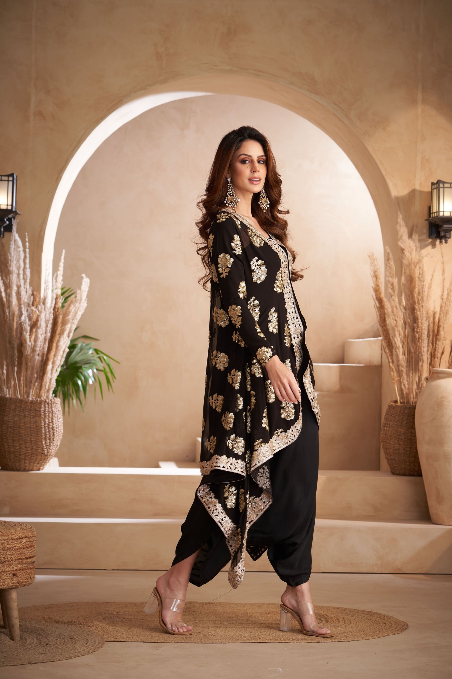 Black Georgette & Silk Embroidered Jacket With Jumper