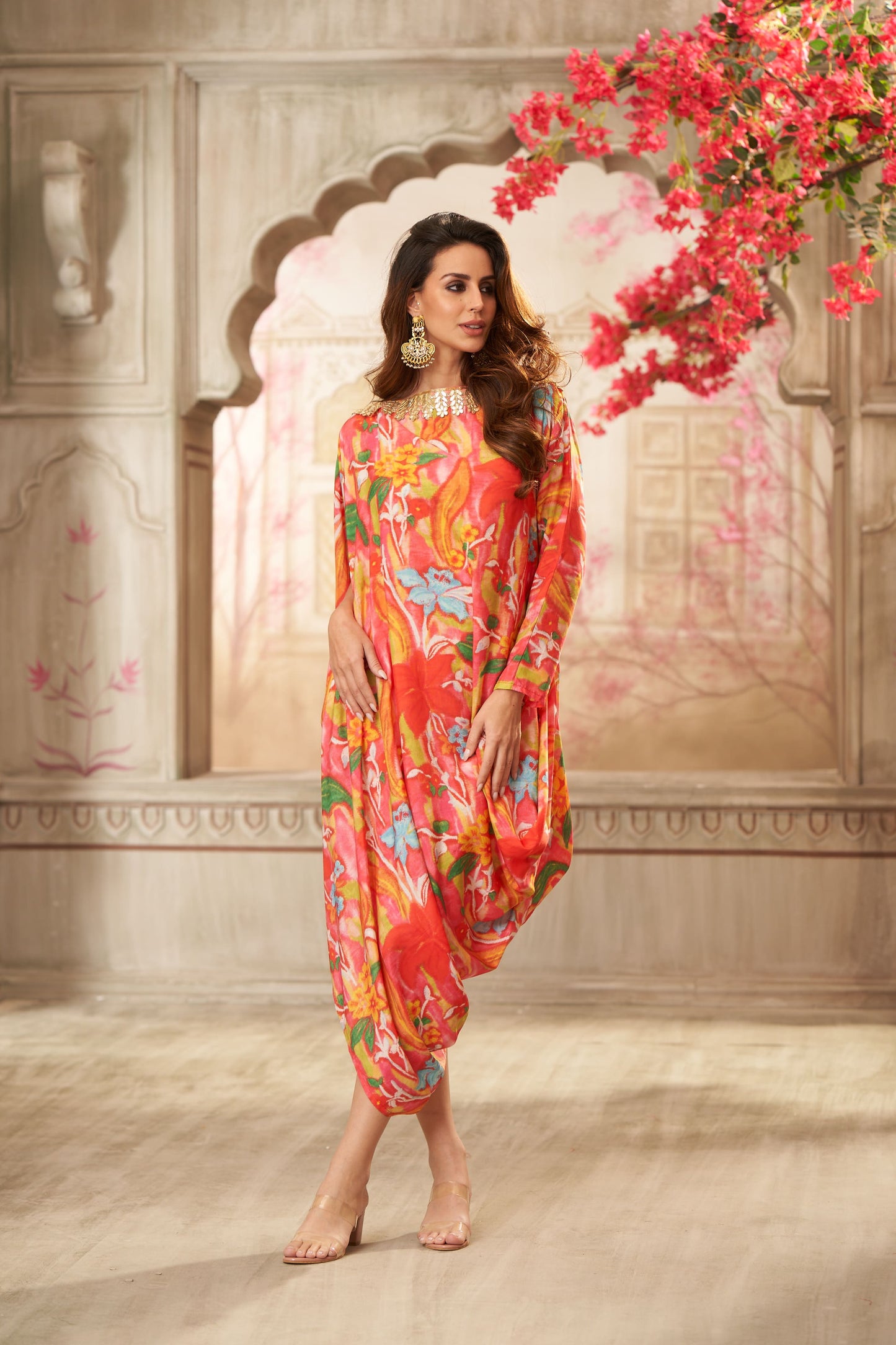 Cotton Orange Floral Printed Boat Neck Draped Dress
