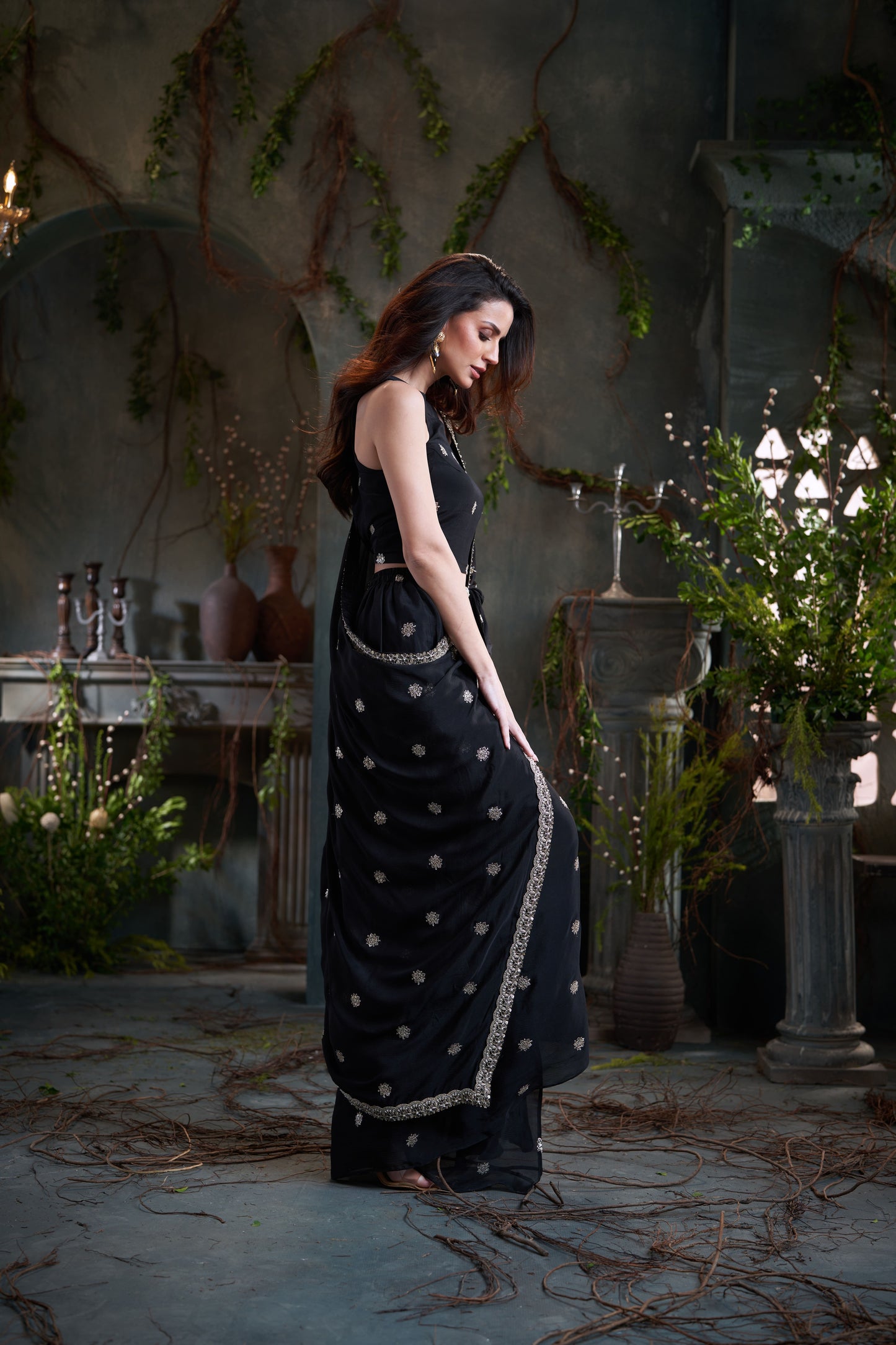 Black Chinon Pre-Draped Saree With Incut Blouse