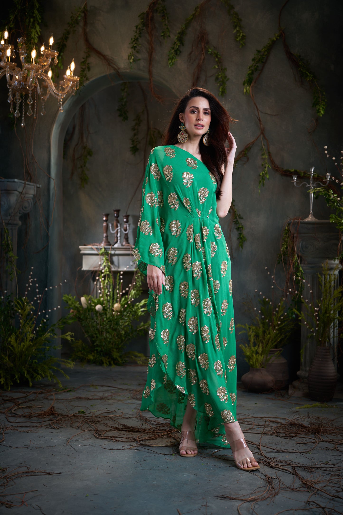 Green One Shoulder Embroidered Georgette Midi Dress