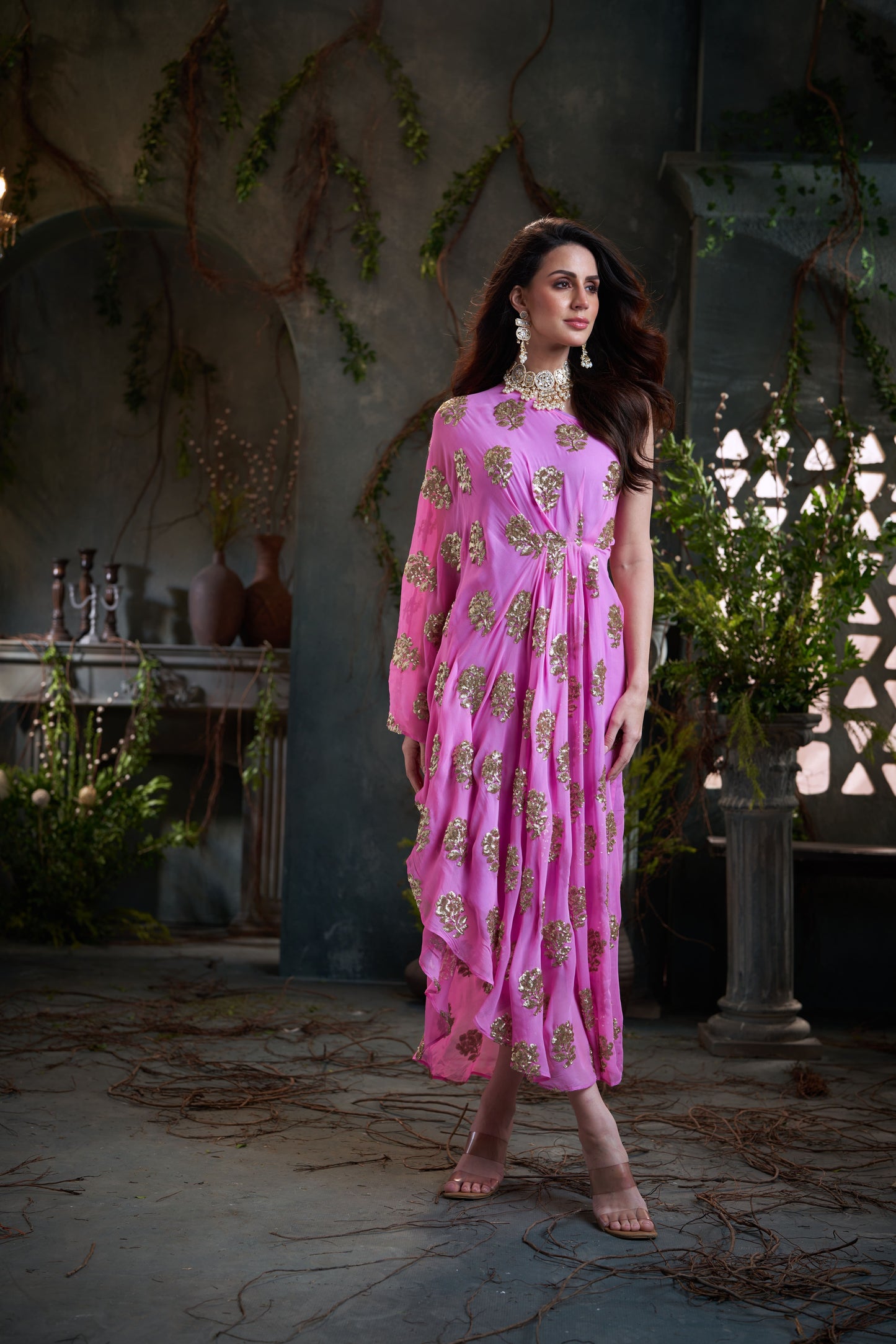 Pink One Shoulder Embroidered Georgette Midi Dress