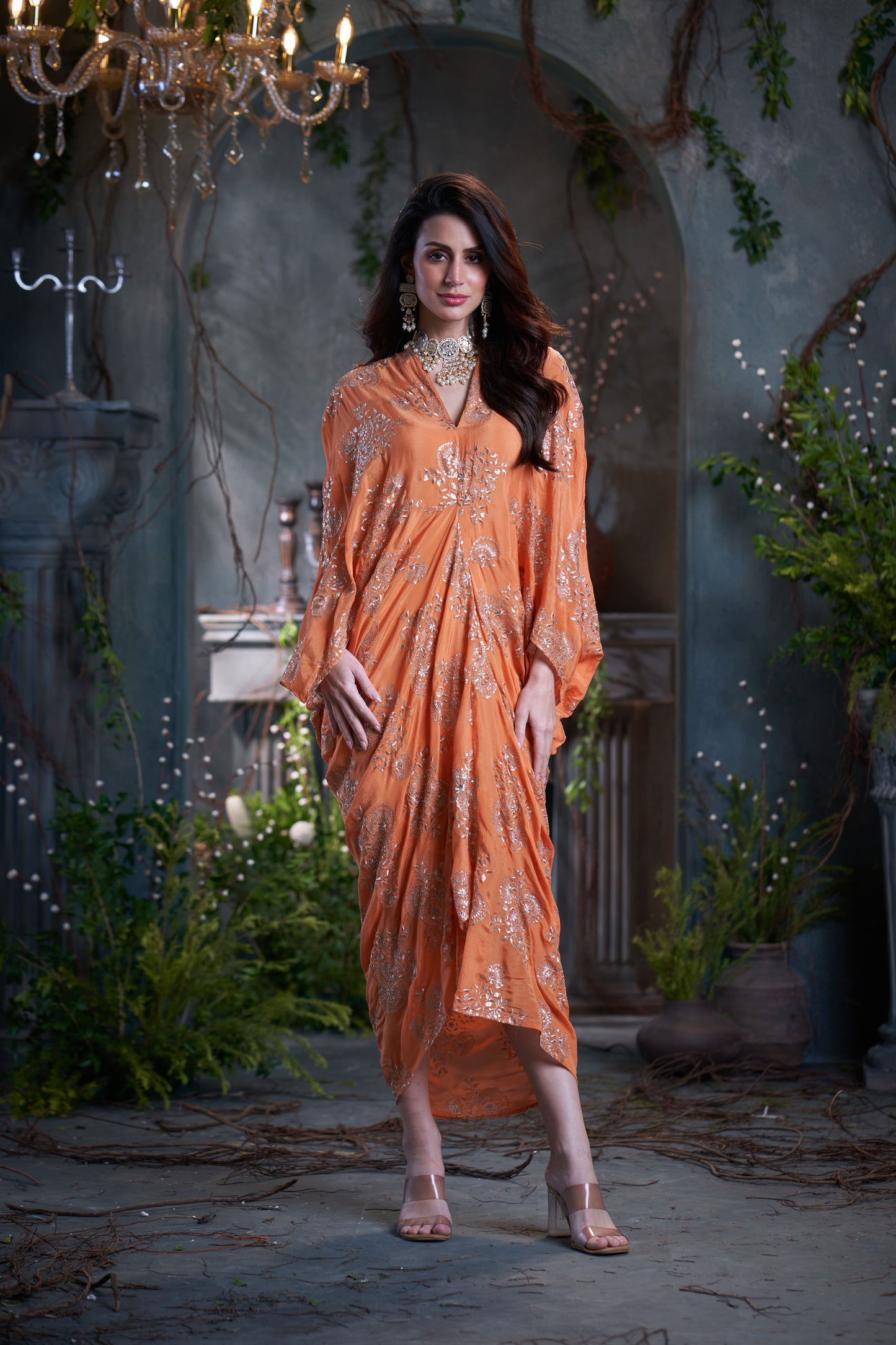 Peach Chinon Embroidered Midi Dress