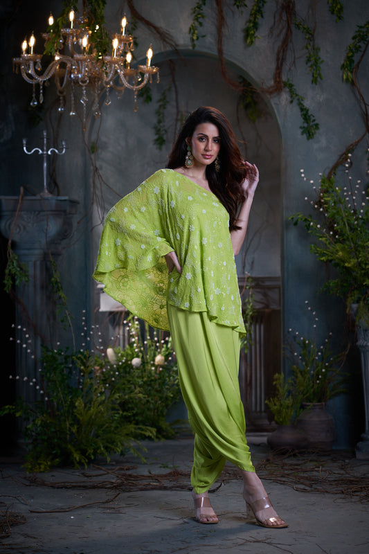 Green Georgette & Silk Beaded One Shoulder Top With Jumper