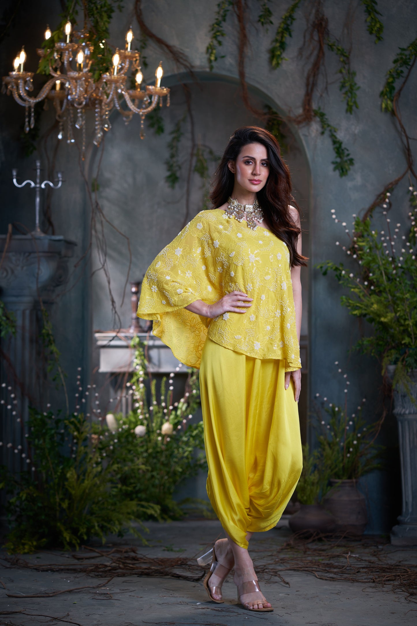 Yellow Georgette & Silk Beaded One Shoulder Top With Jumper