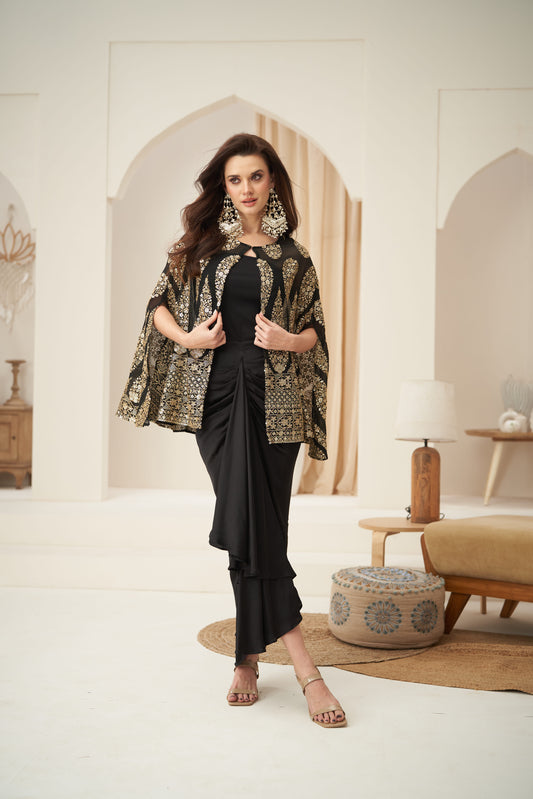 Black Embroidered Cape Jacket With Front Pleated Skirt