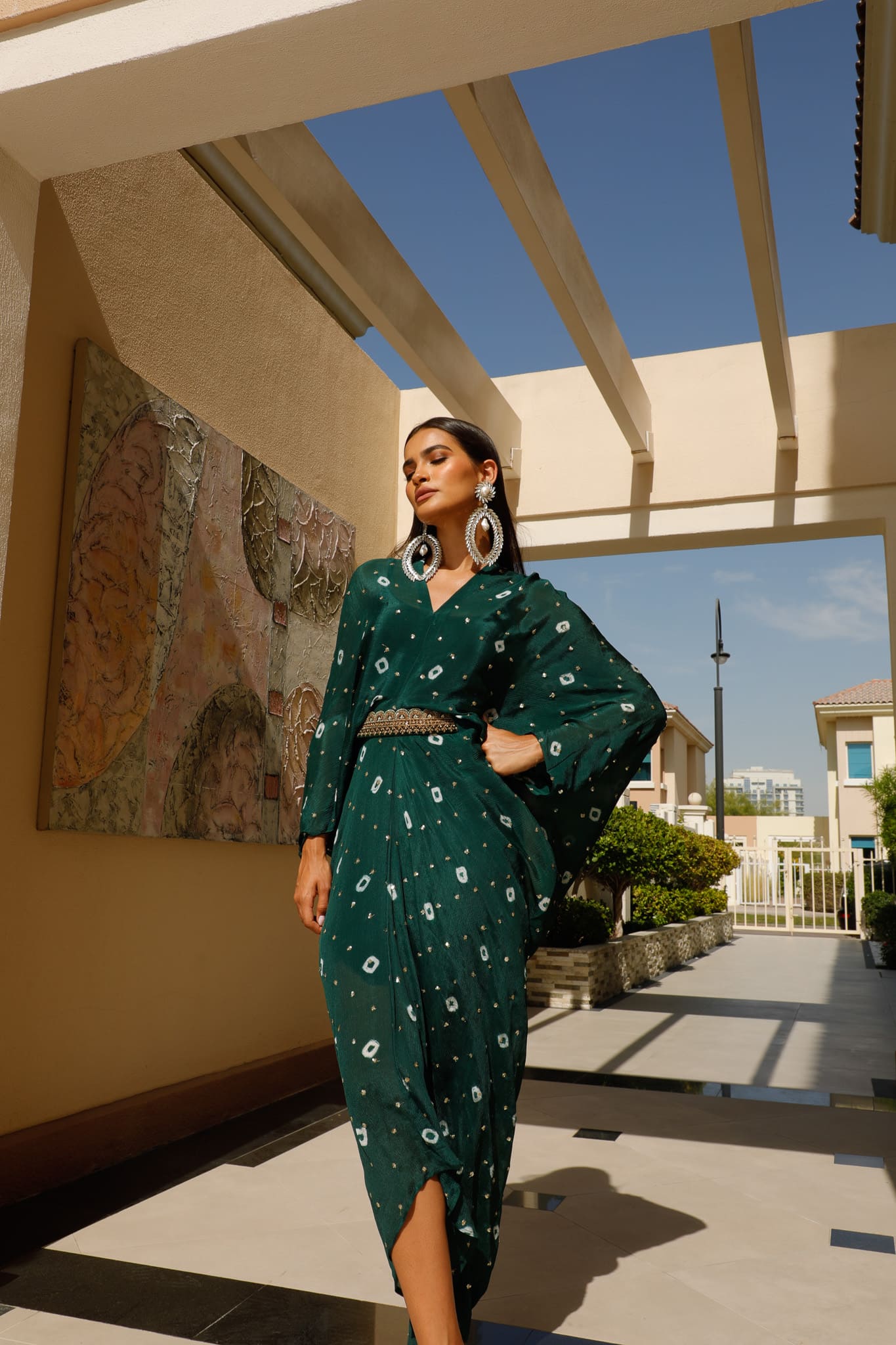 Bottle Green Chinon Batik Midi Dress With Belt