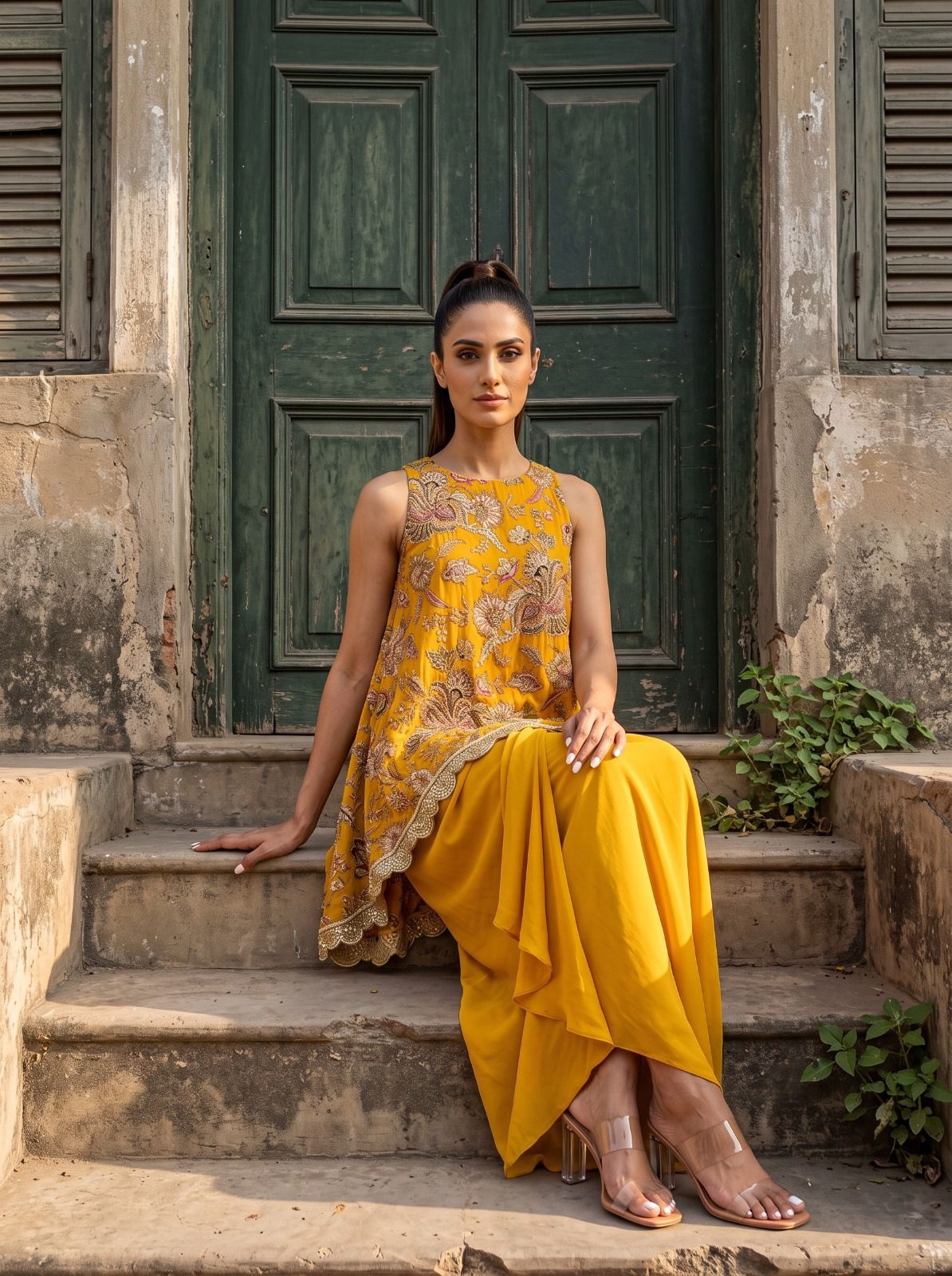 Mustard Printed & Embroidered High Low Top With Front Pleated Skirt