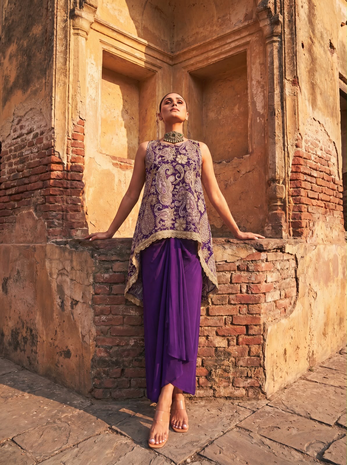Purple Printed & Embroidered High Low Top With Front Pleated Skirt