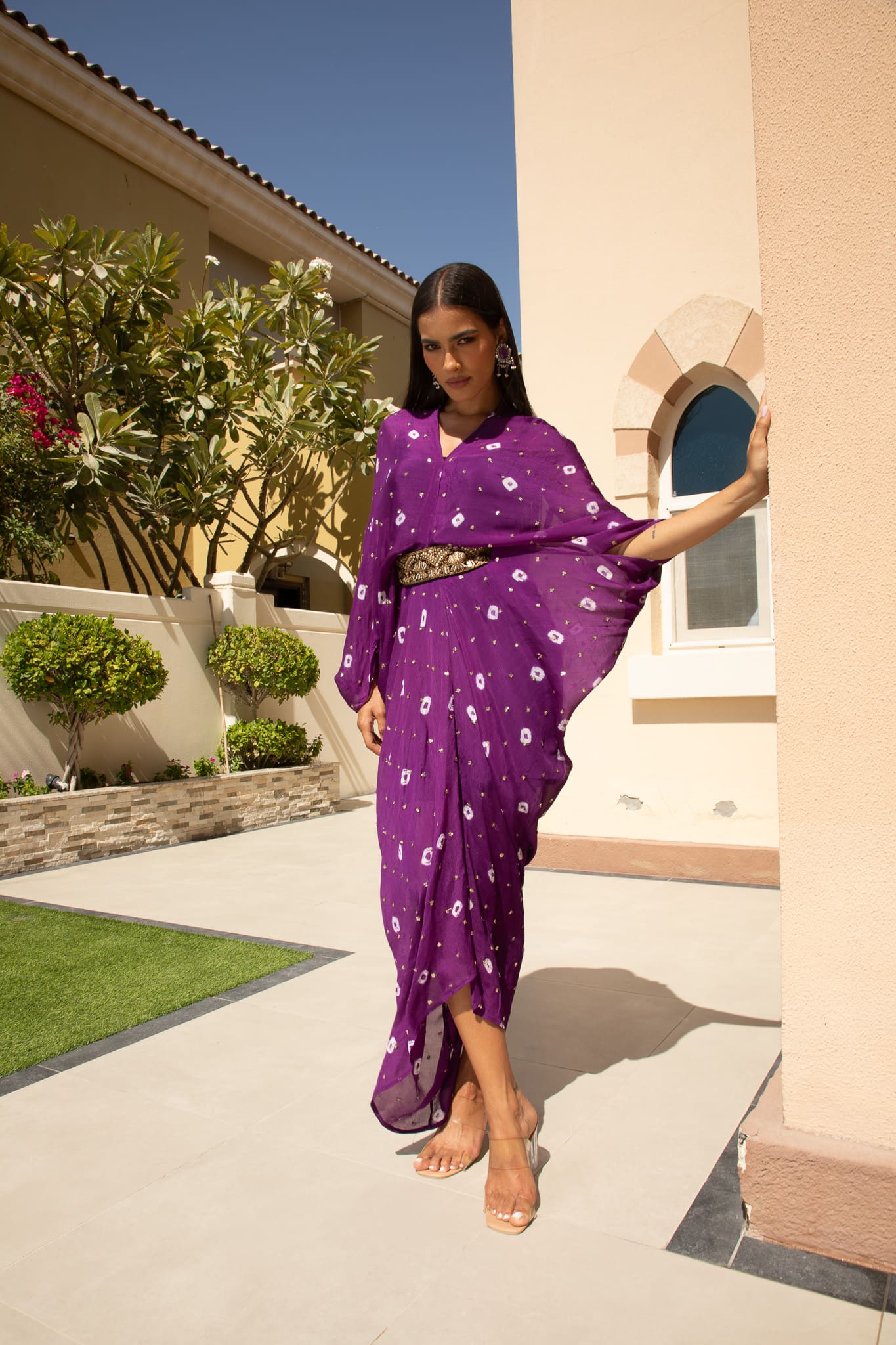 Purple Chinon Batik Midi Dress With Belt