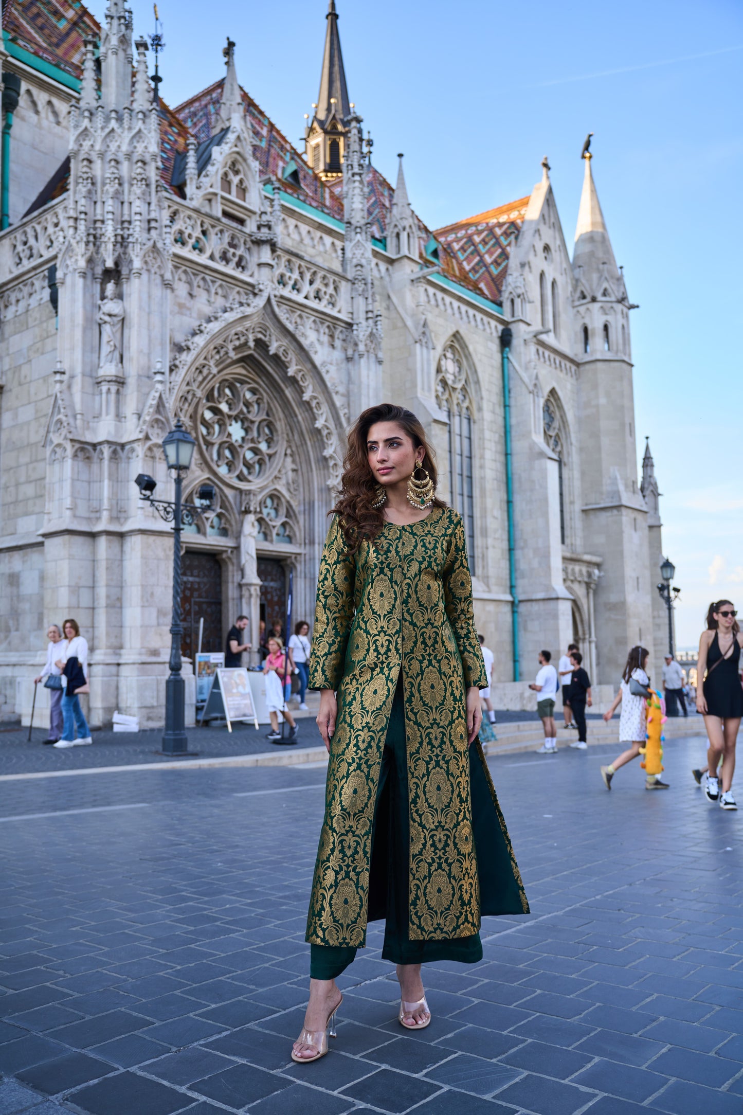 Bottle Green Brocade Jacket With Straight Pants