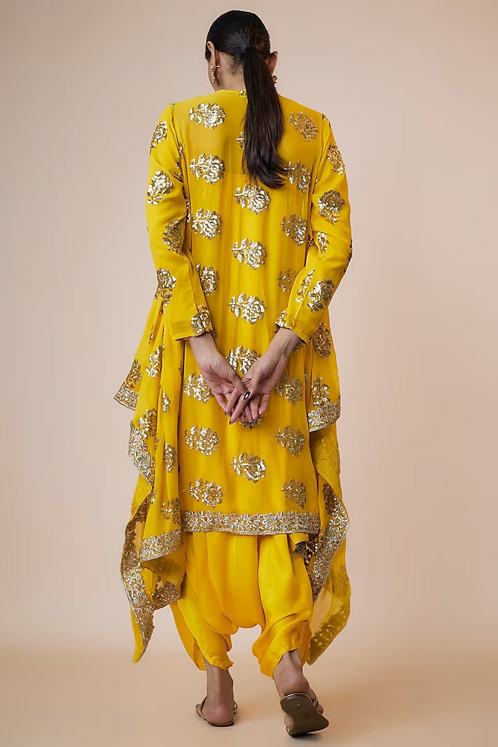 Yellow Georgette & Silk Embroidered Jacket With Jumper