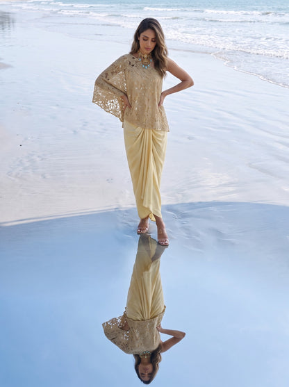 Ivory Champagne Beaded One Shoulder Cape Set