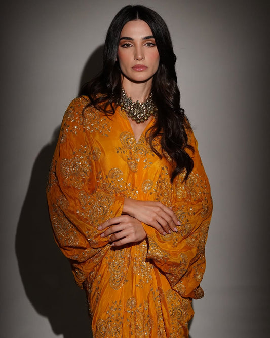 Mustard Chinon Embroidered Midi Dress