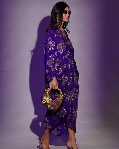 Purple Chinon Embroidered Midi Dress