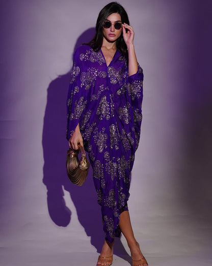 Purple Chinon Embroidered Midi Dress