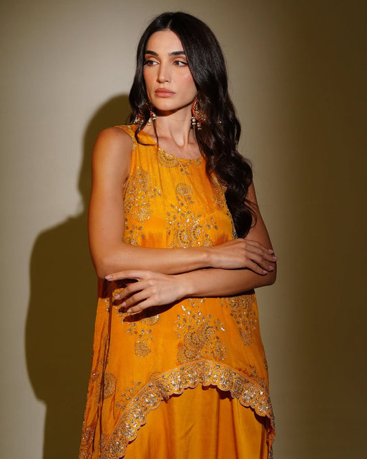 Mustard Chinon & Modal Satin Embroidered Co-Ord Set