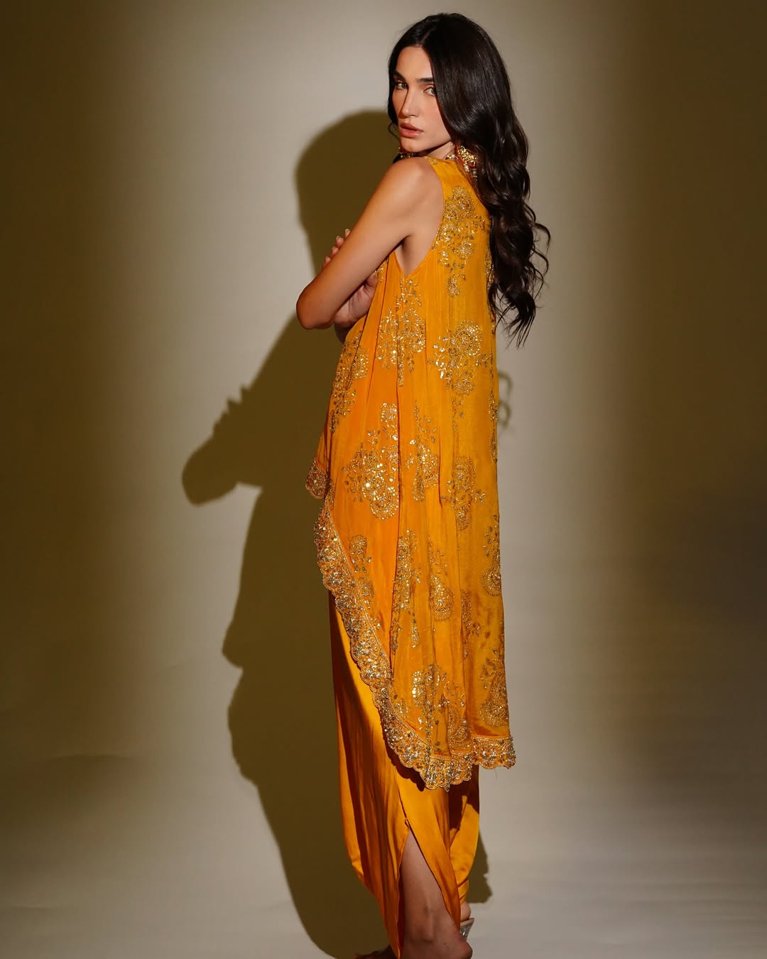 Mustard Chinon & Modal Satin Embroidered Co-Ord Set