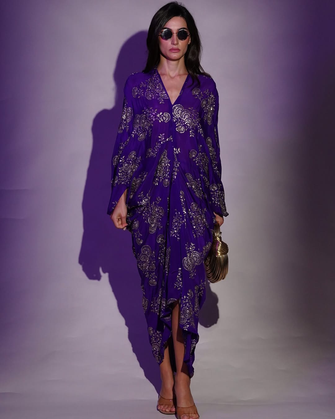Purple Chinon Embroidered Midi Dress