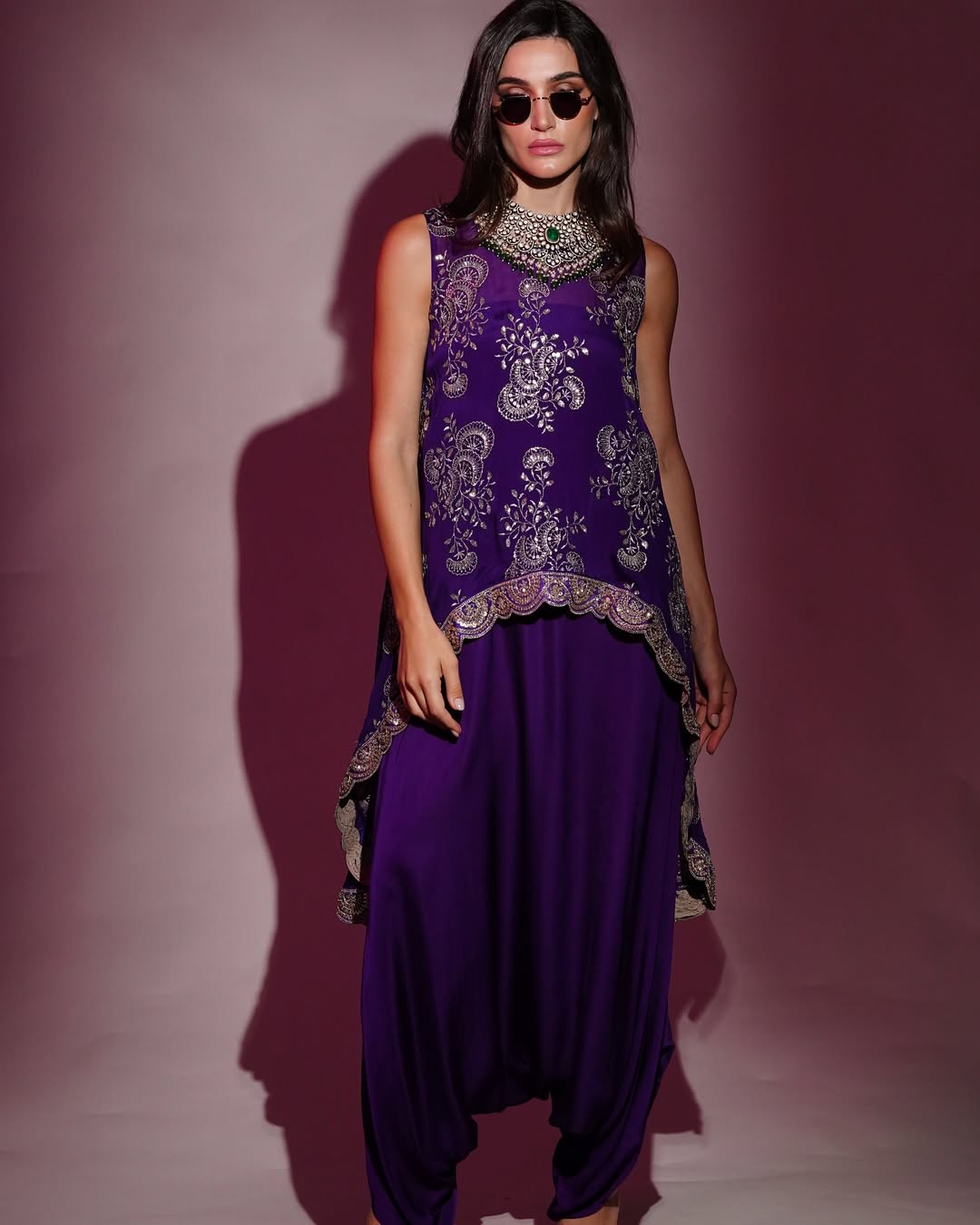 Purple Chinon & Modal Satin Embroidered Co-Ord Set