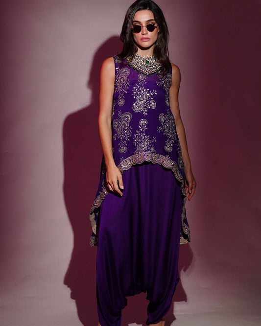 Purple Chinon & Modal Satin Embroidered Co-Ord Set
