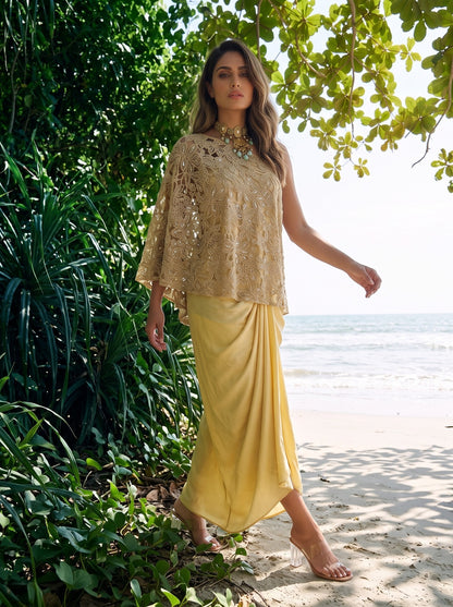 Ivory Champagne Beaded One Shoulder Cape Set