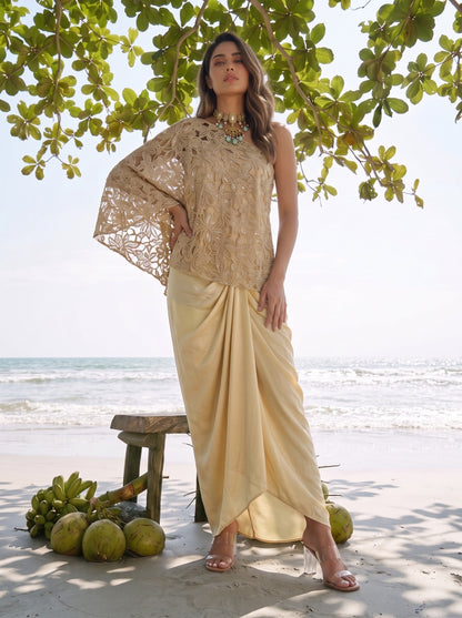 Ivory Champagne Beaded One Shoulder Cape Set