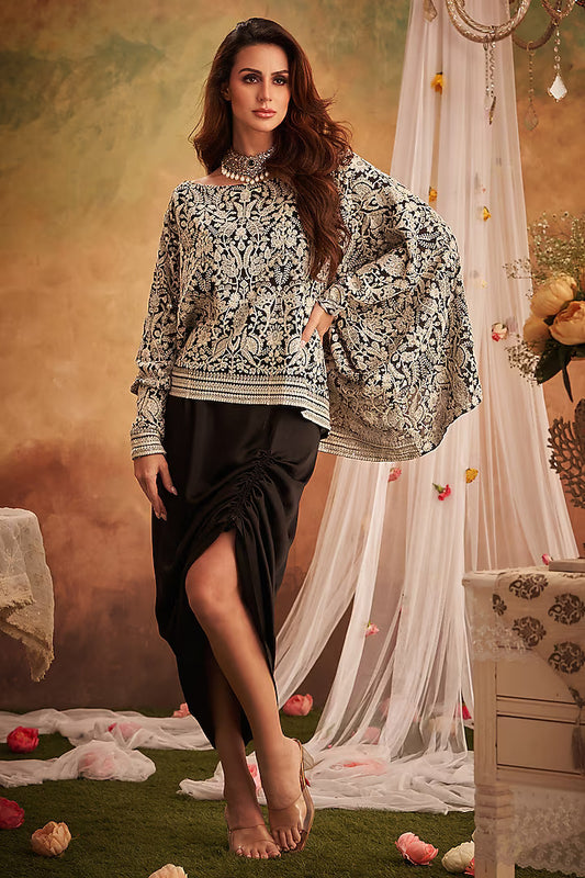 Black Georgette & Silk Chikankari Asymmetrical Top Skirt Set
