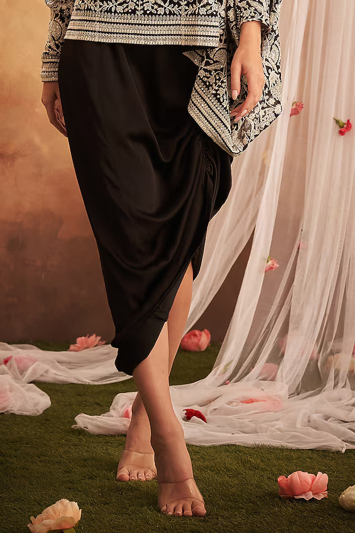 Black Georgette & Silk Chikankari Asymmetrical Top Skirt Set