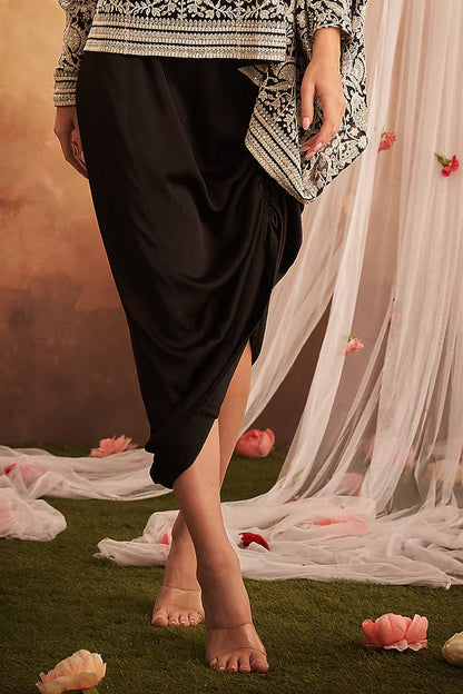 Black Georgette & Silk Chikankari Asymmetrical Top Skirt Set