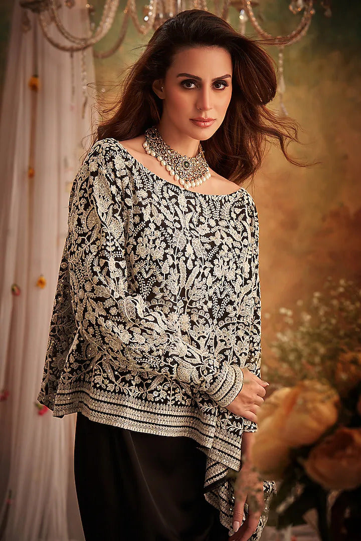 Black Georgette & Silk Chikankari Asymmetrical Top Skirt Set