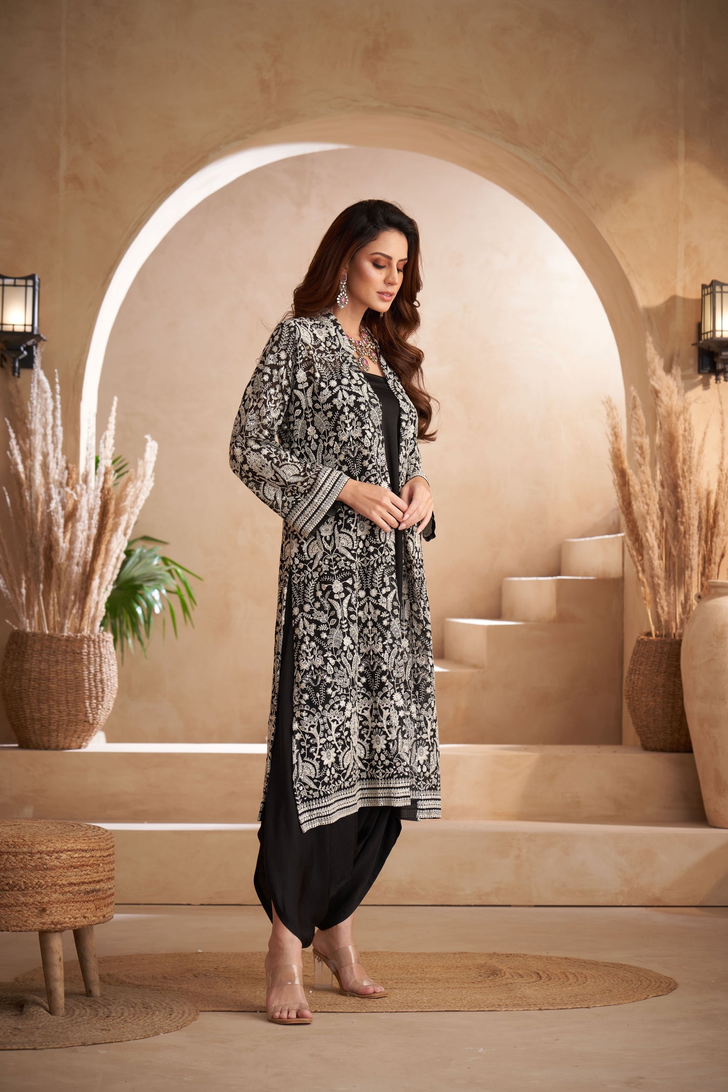 Black Georgette & Modal Satin Chikankari Embroidered Jacket Set