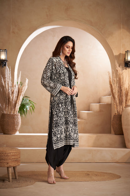 Black Georgette & Modal Satin Chikankari Embroidered Jacket Set