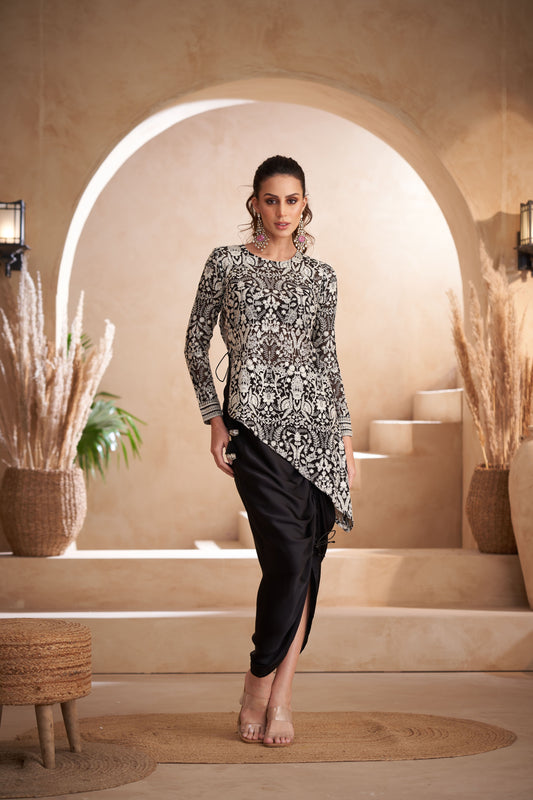 Black Georgette & Silk Chikankari Dori Top Skirt Set