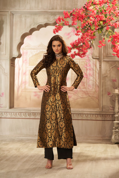 Black Brocade Jacket With Straight Pants