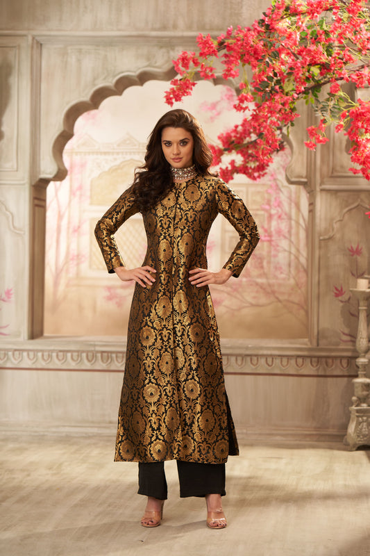 Black Brocade Jacket With Straight Pants