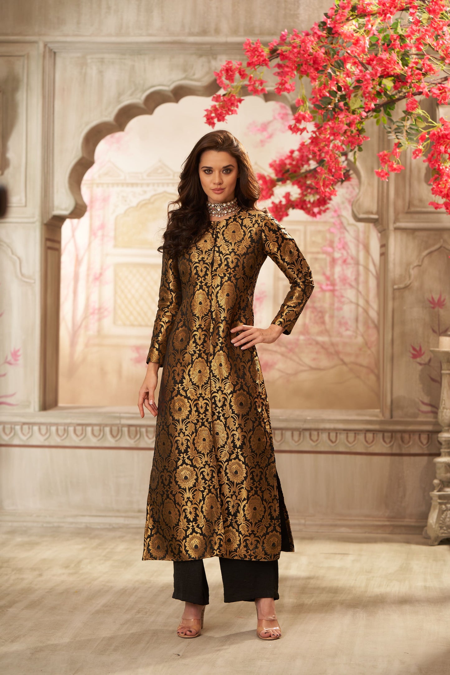 Black Brocade Jacket With Straight Pants