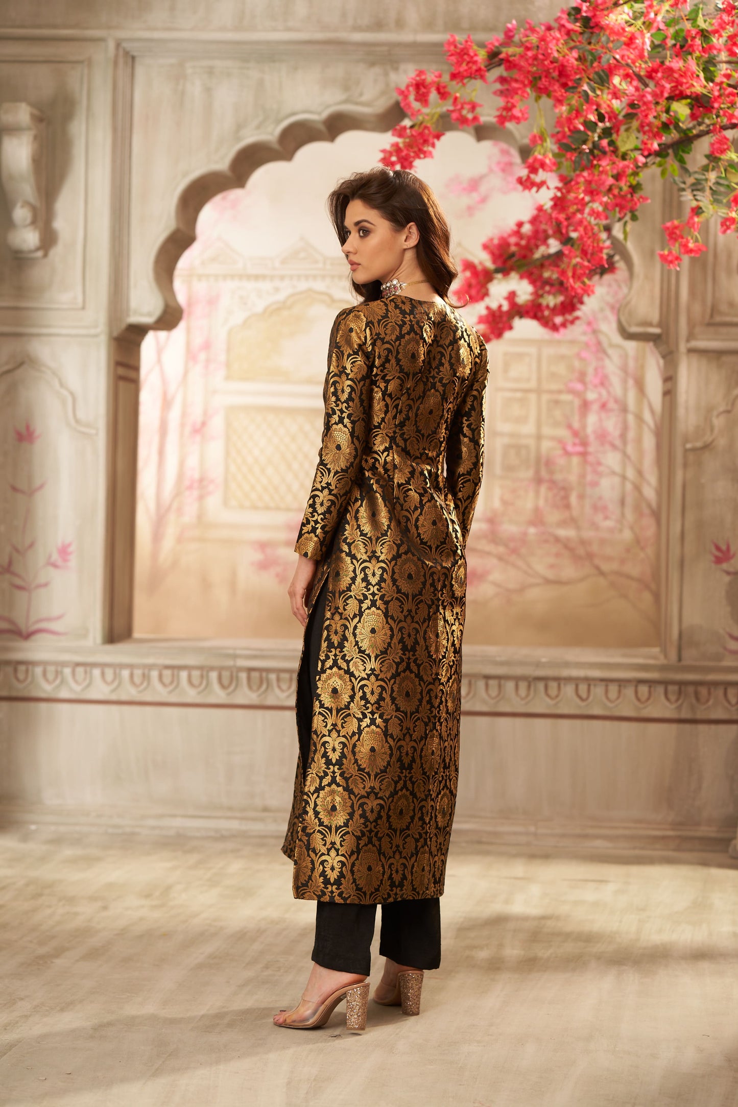 Black Brocade Jacket With Straight Pants