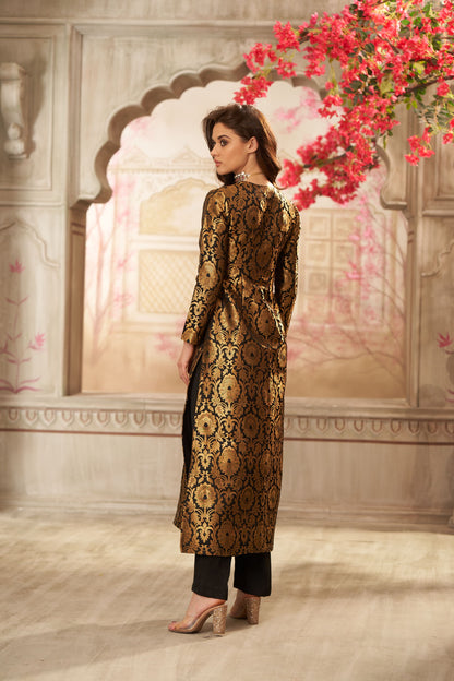 Black Brocade Jacket With Straight Pants