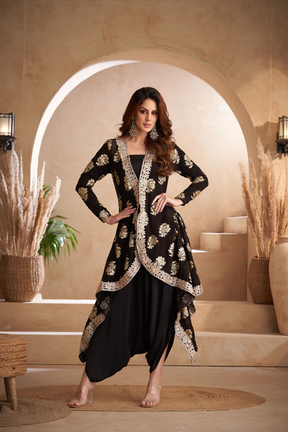 Black Georgette & Silk Embroidered Jacket With Jumper