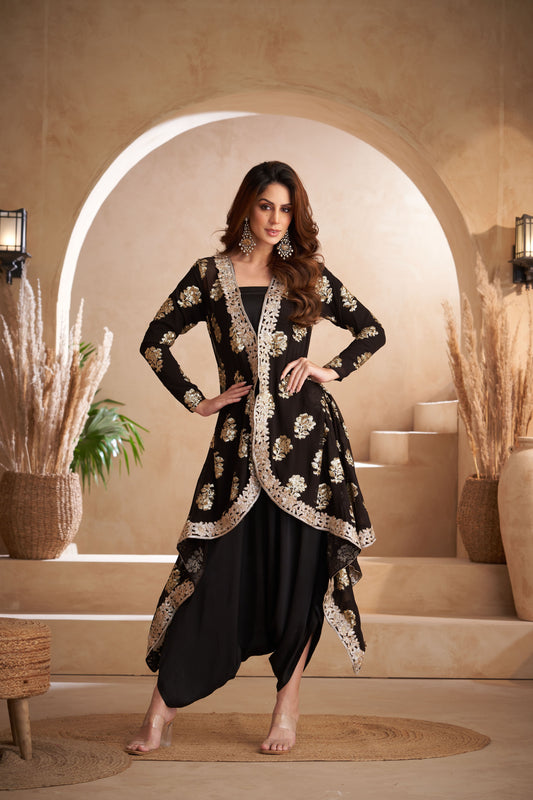 Black Georgette & Silk Embroidered Jacket With Jumper