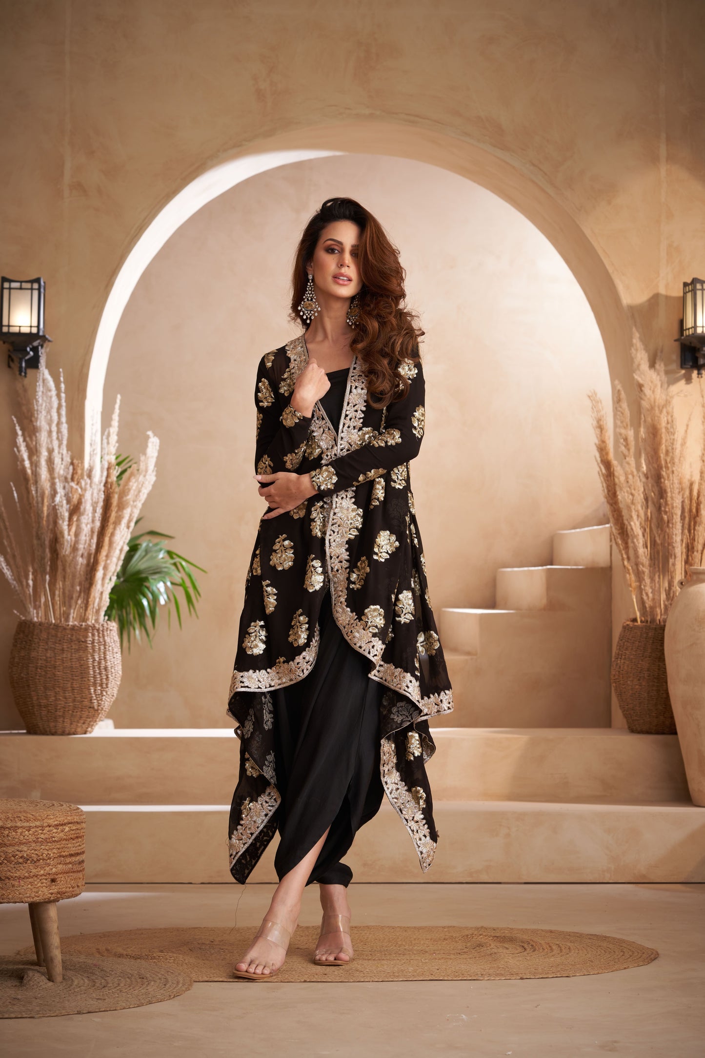Black Georgette & Silk Embroidered Jacket With Jumper
