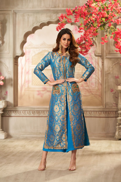 Blue Brocade Jacket With Straight Pants