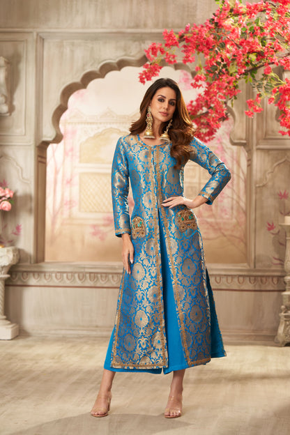 Blue Brocade Jacket With Straight Pants