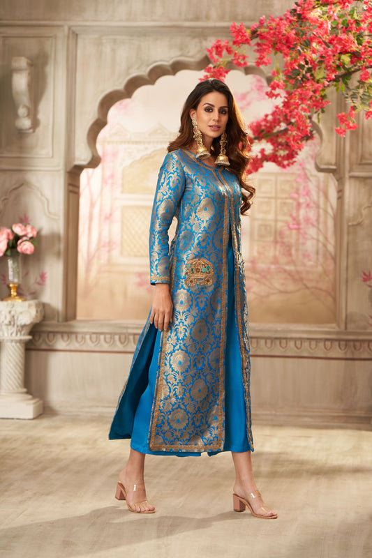 Blue Brocade Jacket With Straight Pants
