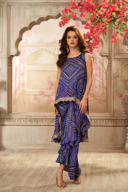 Navy Blue Bandhani & Front Pleated Skirt Coord Set
