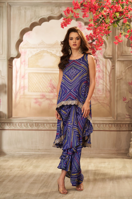 Navy Blue Bandhani & Front Pleated Skirt Coord Set