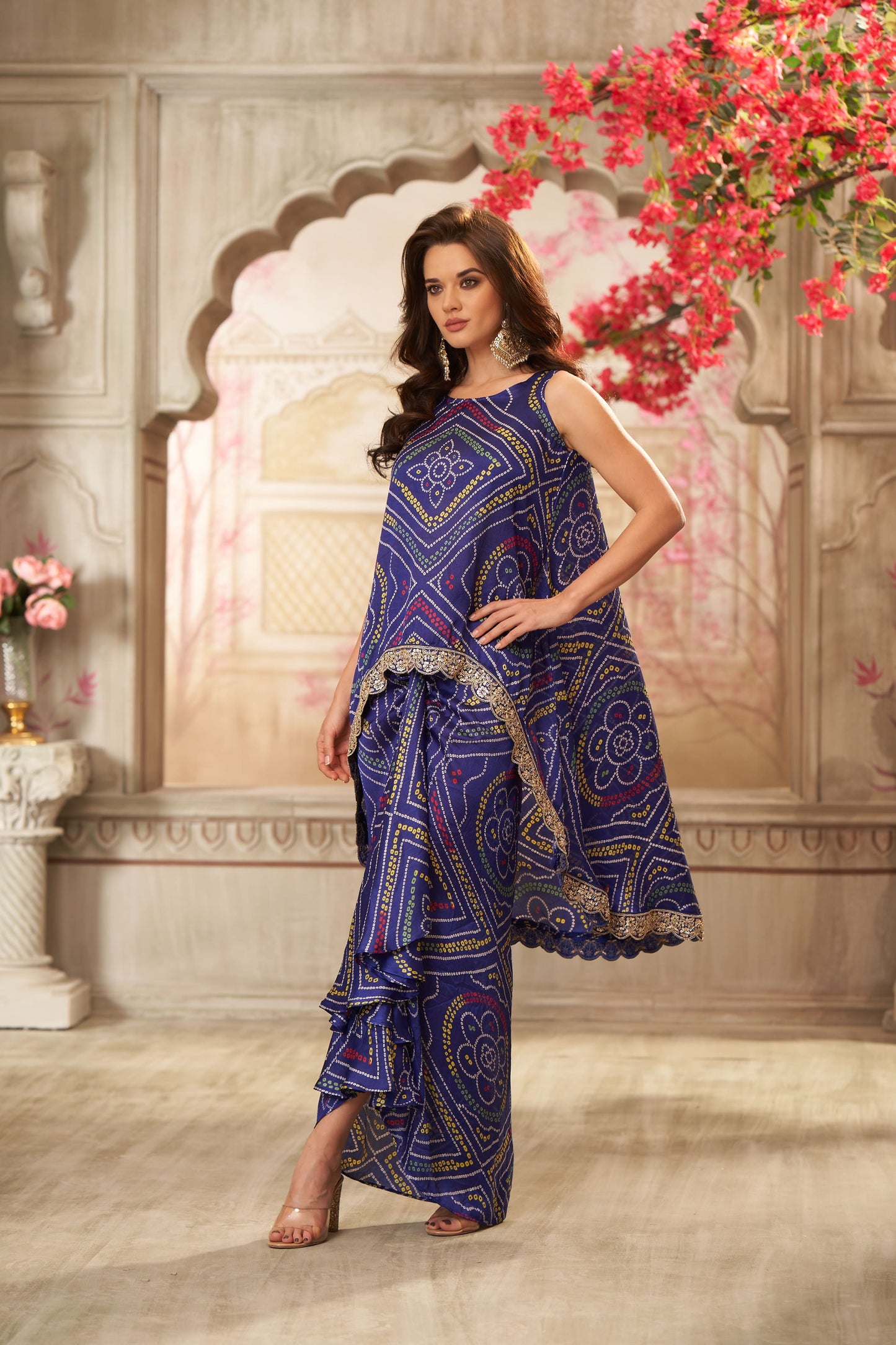 Navy Blue Bandhani & Front Pleated Skirt Coord Set