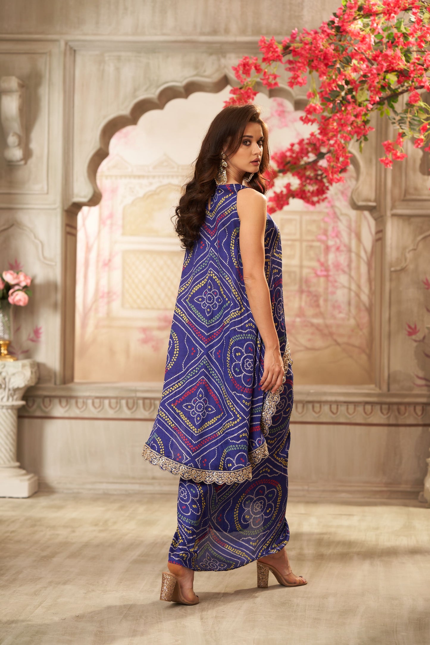 Navy Blue Bandhani & Front Pleated Skirt Coord Set