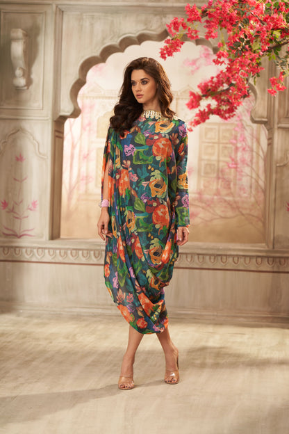 Cotton Dark Floral Printed Boat Neck Draped Dress
